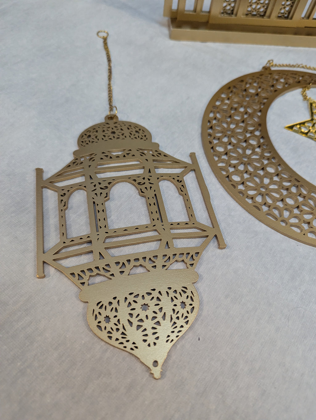 Set of 4 Gold Ramadan and Eid Decorations includes 3 hangings and mosque shaped table piece