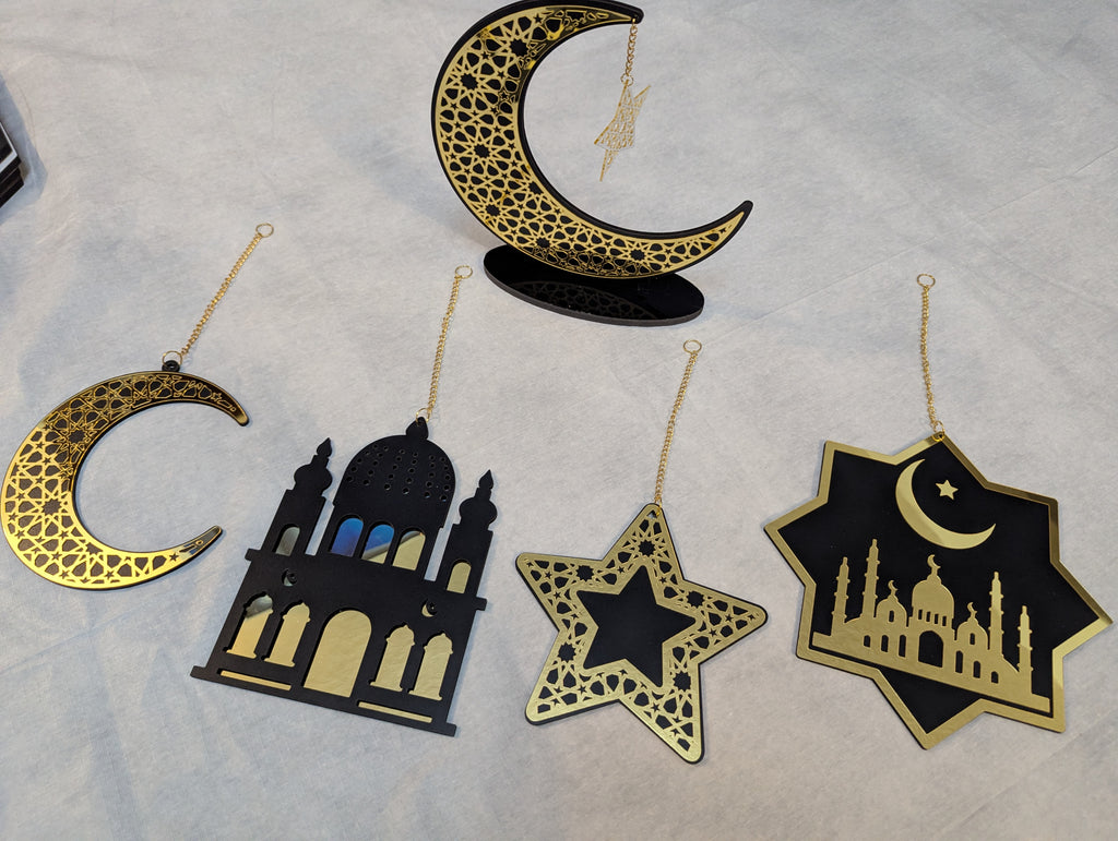 Set of 5 Black and Gold Ramadan and Eid Shiny Hanging Decorations and table piece