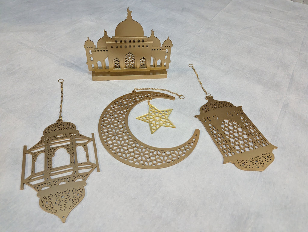 Set of 4 Gold Ramadan and Eid Decorations includes 3 hangings and mosque shaped table piece