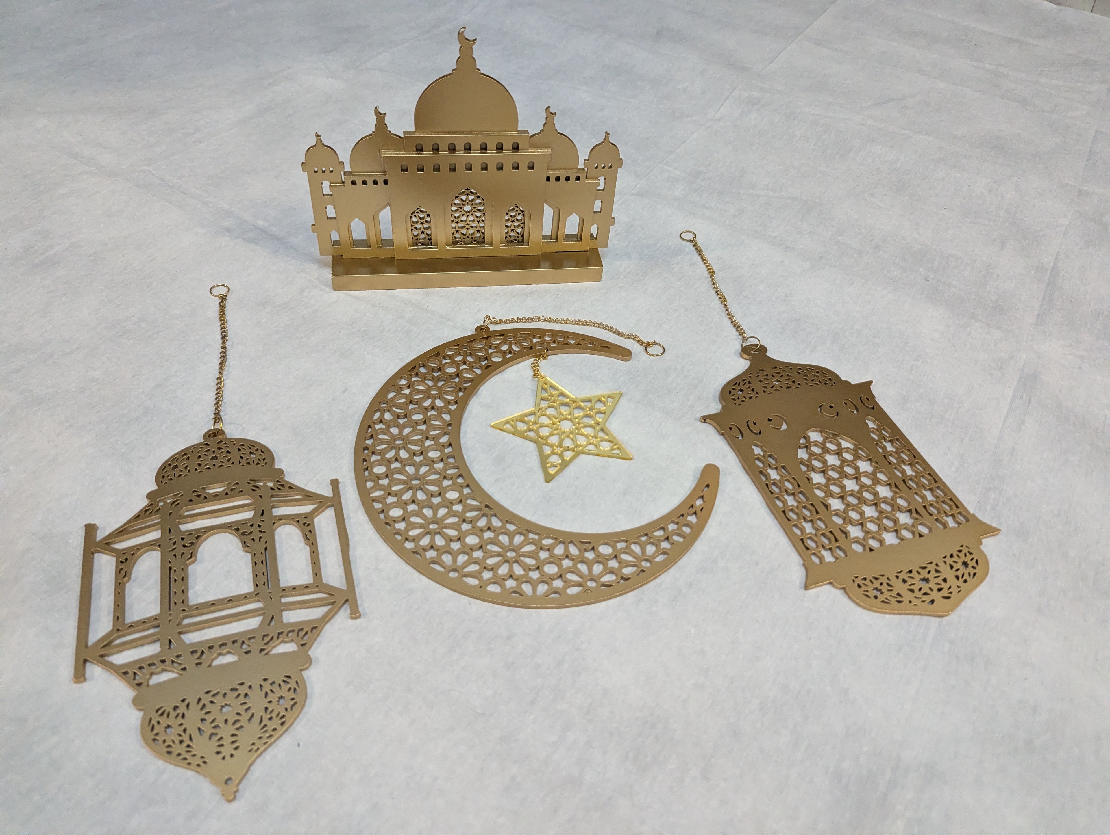 Set of 4 Gold Ramadan and Eid Decorations includes 3 hangings and mosque shaped table piece