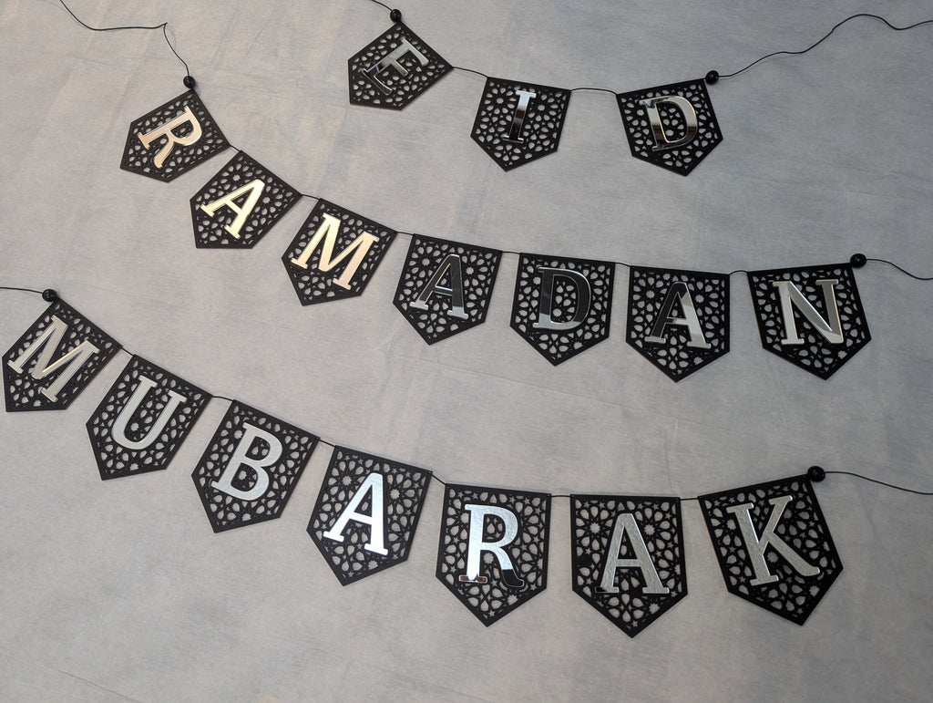 Set of 3 Ramadan Mubarak Eid Flag DIY Banners Acrylic and wooden Decoration