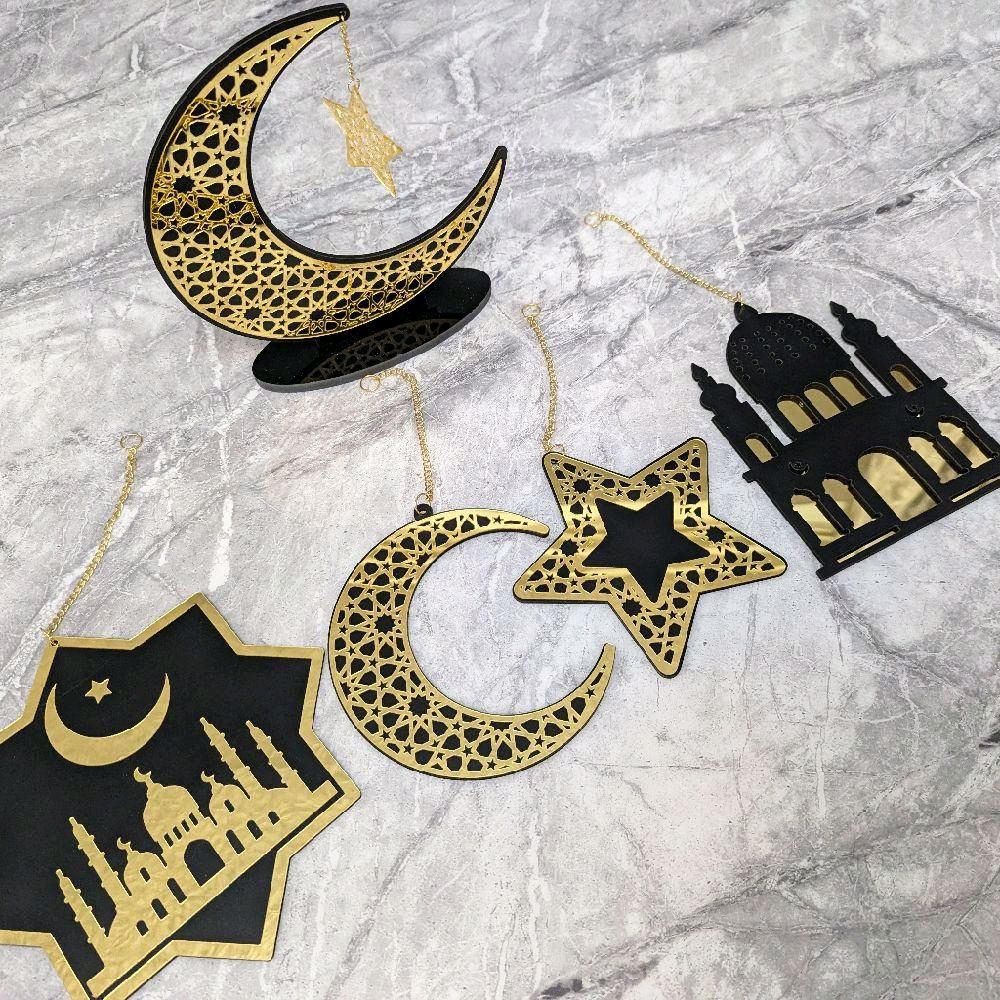 Set of 5 Black and Gold Ramadan and Eid Shiny Hanging Decorations and table piece