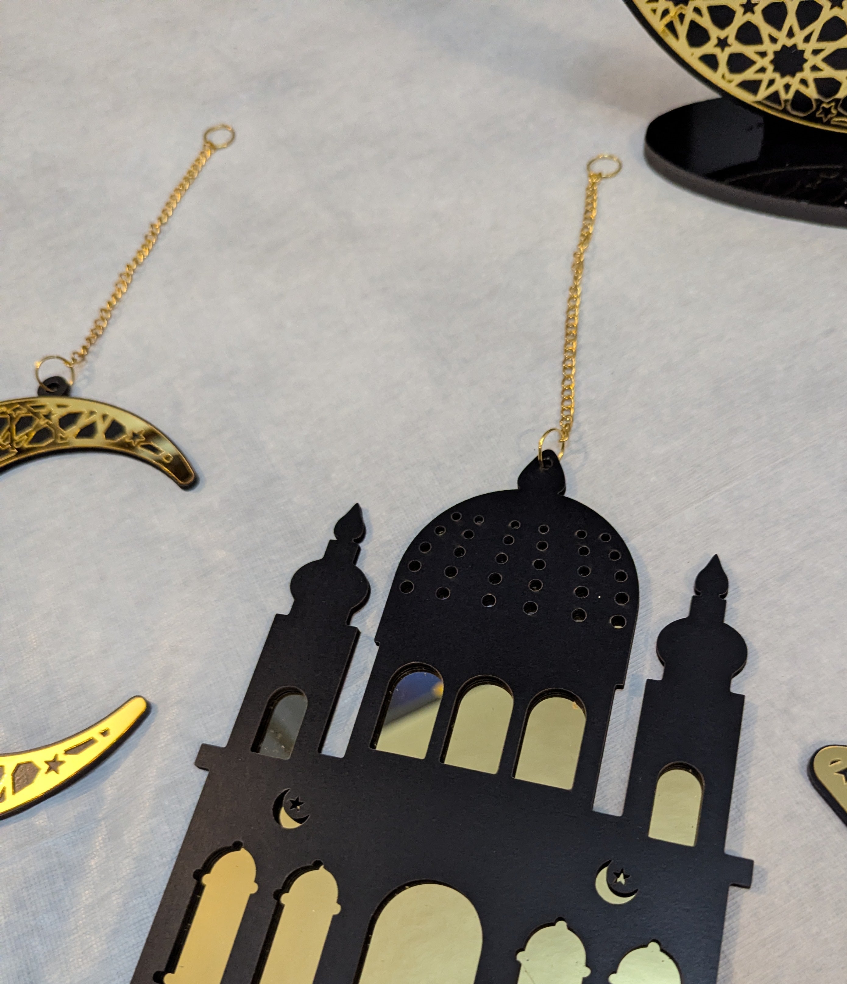 Set of 5 Black and Gold Ramadan and Eid Shiny Hanging Decorations and table piece