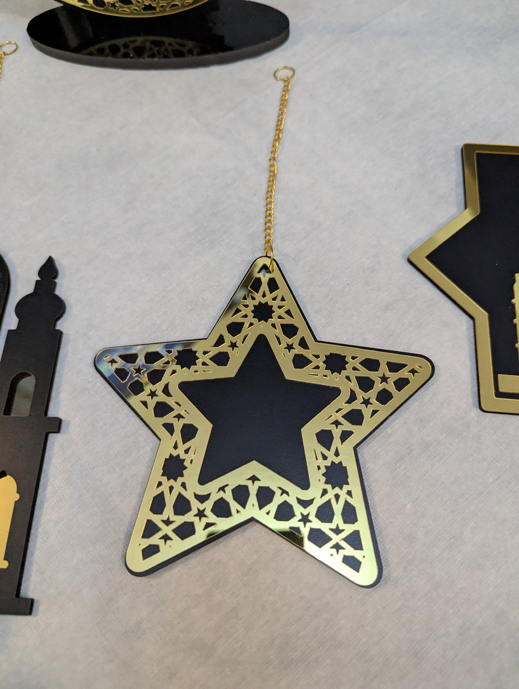 Set of 5 Black and Gold Ramadan and Eid Shiny Hanging Decorations and table piece