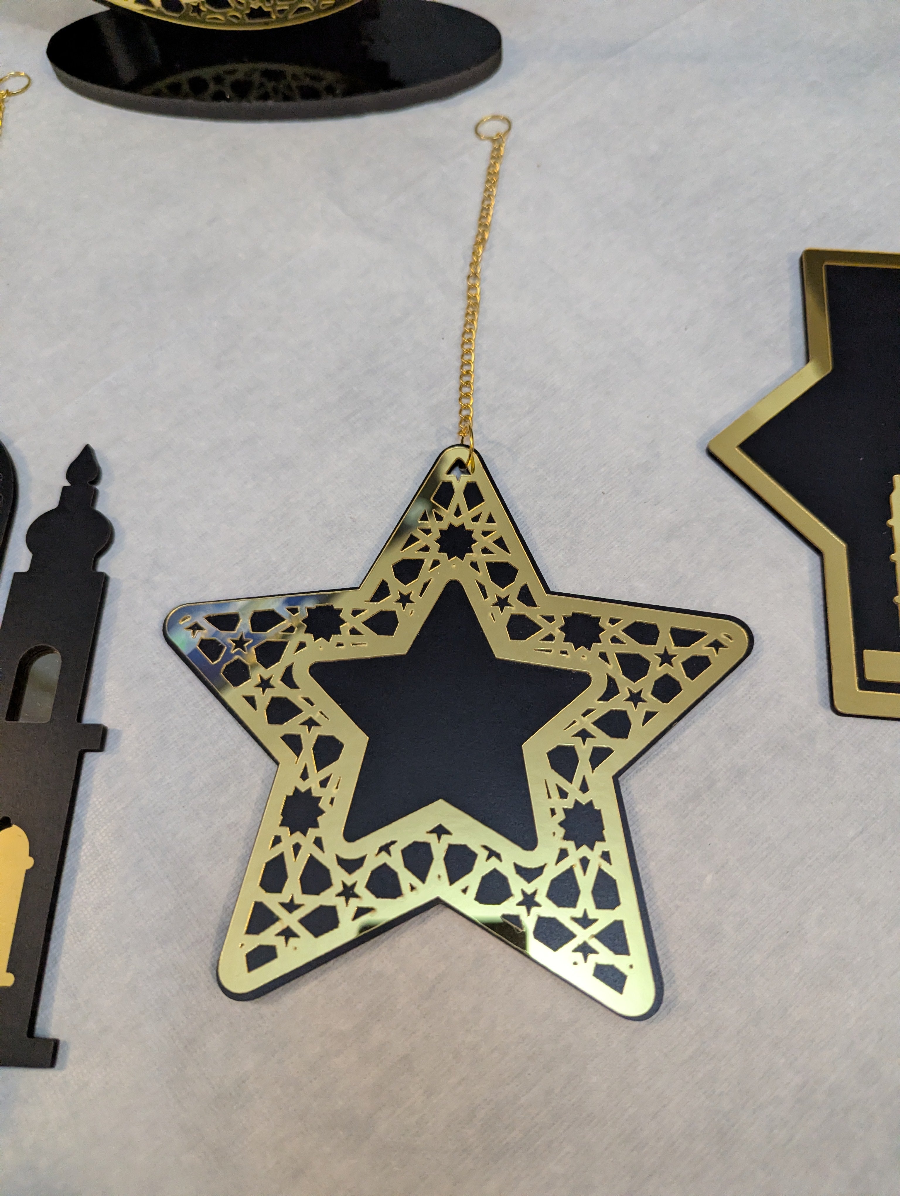 Set of 5 Black and Gold Ramadan and Eid Shiny Hanging Decorations and table piece