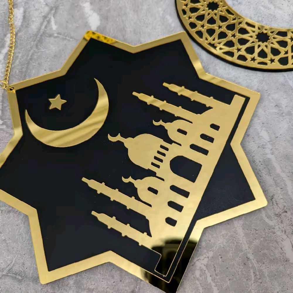 Set of 5 Black and Gold Ramadan and Eid Shiny Hanging Decorations and table piece