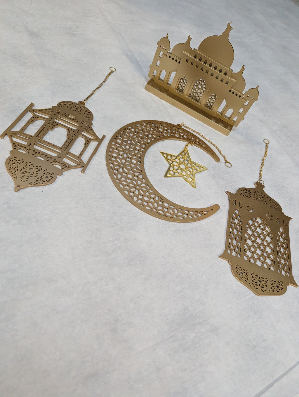 Set of 4 Gold Ramadan and Eid Decorations includes 3 hangings and mosque shaped table piece