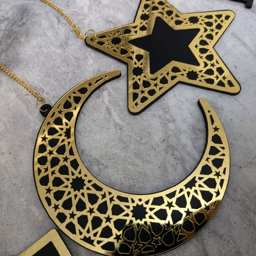 Set of 5 Black and Gold Ramadan and Eid Shiny Hanging Decorations and table piece