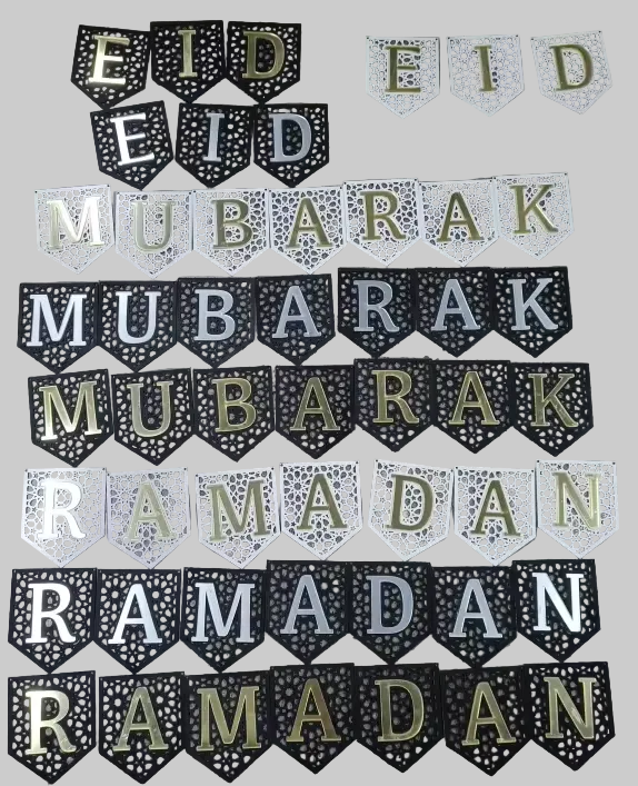 Set of 3 Ramadan Mubarak Eid Flag DIY Banners Acrylic and wooden Decoration