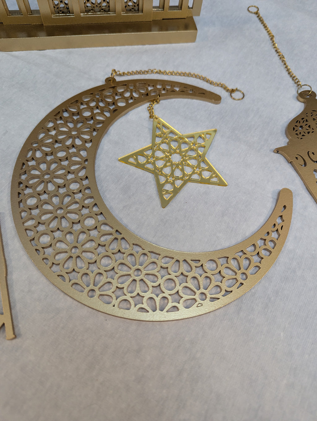 Set of 4 Gold Ramadan and Eid Decorations includes 3 hangings and mosque shaped table piece