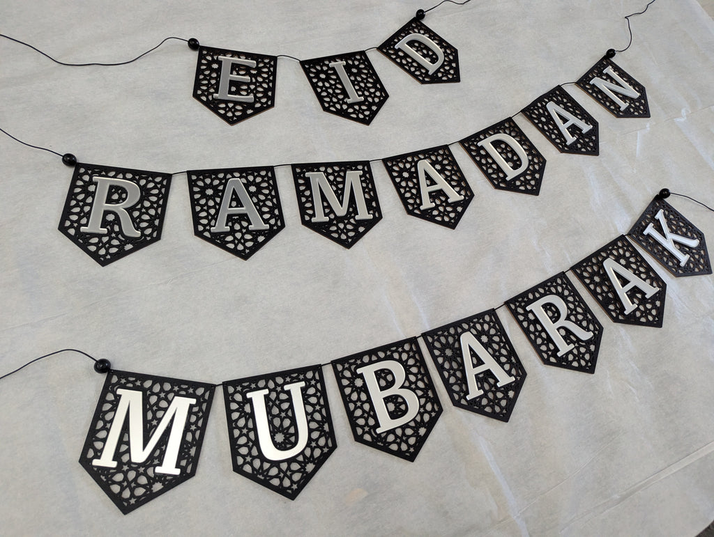 Set of 3 Ramadan Mubarak Eid Flag DIY Banners Acrylic and wooden Decoration